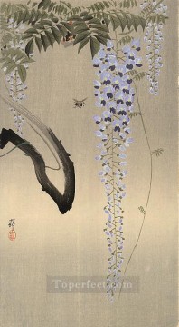 decoration decor group panels decorative Painting - wisteria and bee Ohara Koson floral decoration